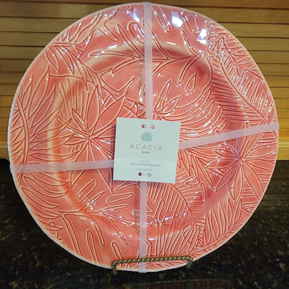 Acacia Home Melamine Coral Dinner Plates 11" Palm Leaves Set of 4 New